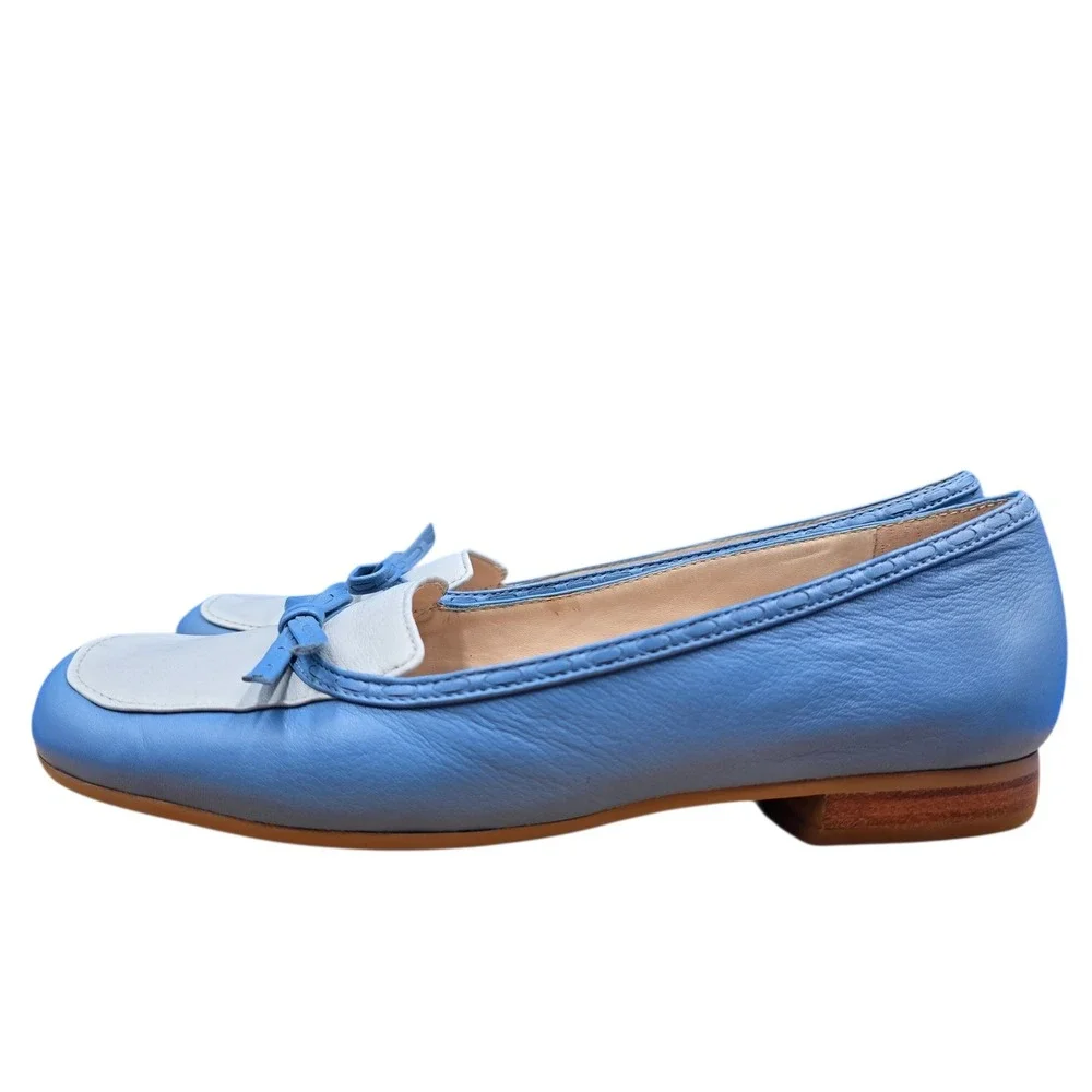 Antonio Melani Womens Blue White Leather Square Toe Bow Loafer Flats 8M